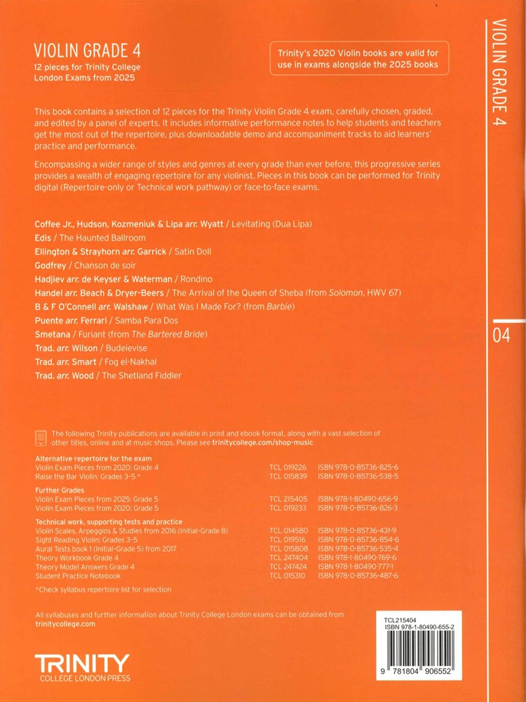 back cover of Trinity College London Violin Exam Pieces Grade 4 from 2025