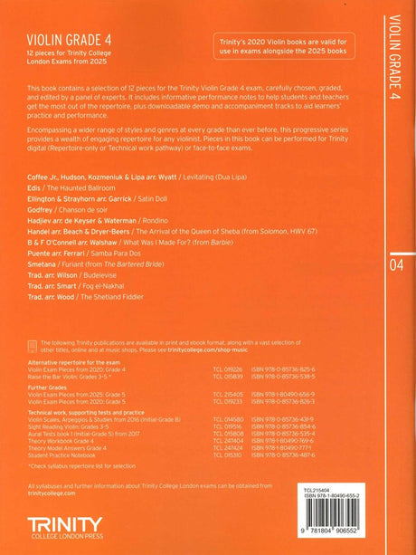 back cover of Trinity College London Violin Exam Pieces Grade 4 from 2025