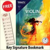 front cover of Trinity College London Violin Exam Pieces Grade 6 from 2025 together with free Treble Clef bookmark
