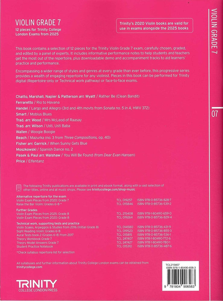 back cover of Trinity College London Violin Exam Pieces Grade 7 from 2025