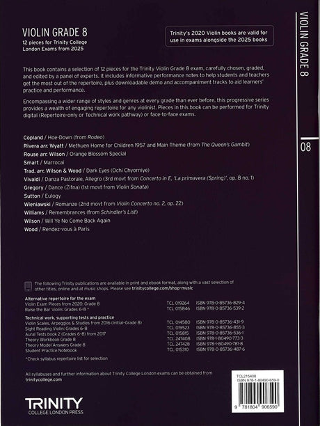 back cover of Trinity College London Violin Exam Pieces Grade 8 from 2025