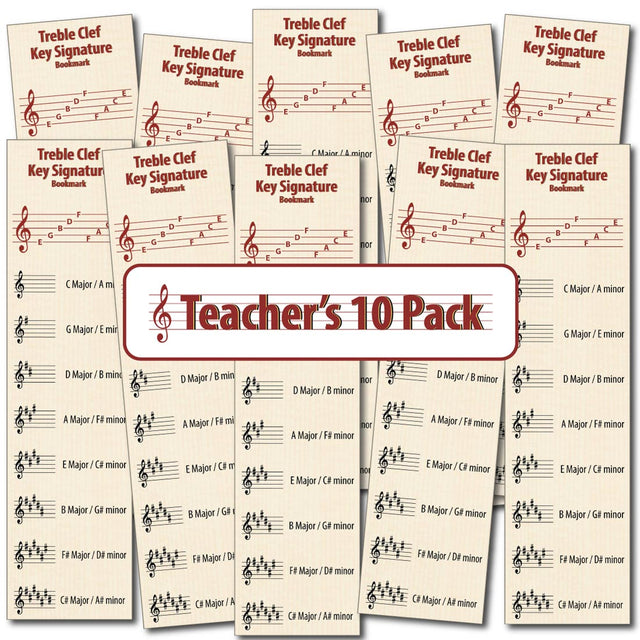 Front of the Hamcor Bookmark showing the names of the lines and spaces, plus all the sharp key signatures with both Major and relative minor names, plus another 9 bookmarks fanned out on the left