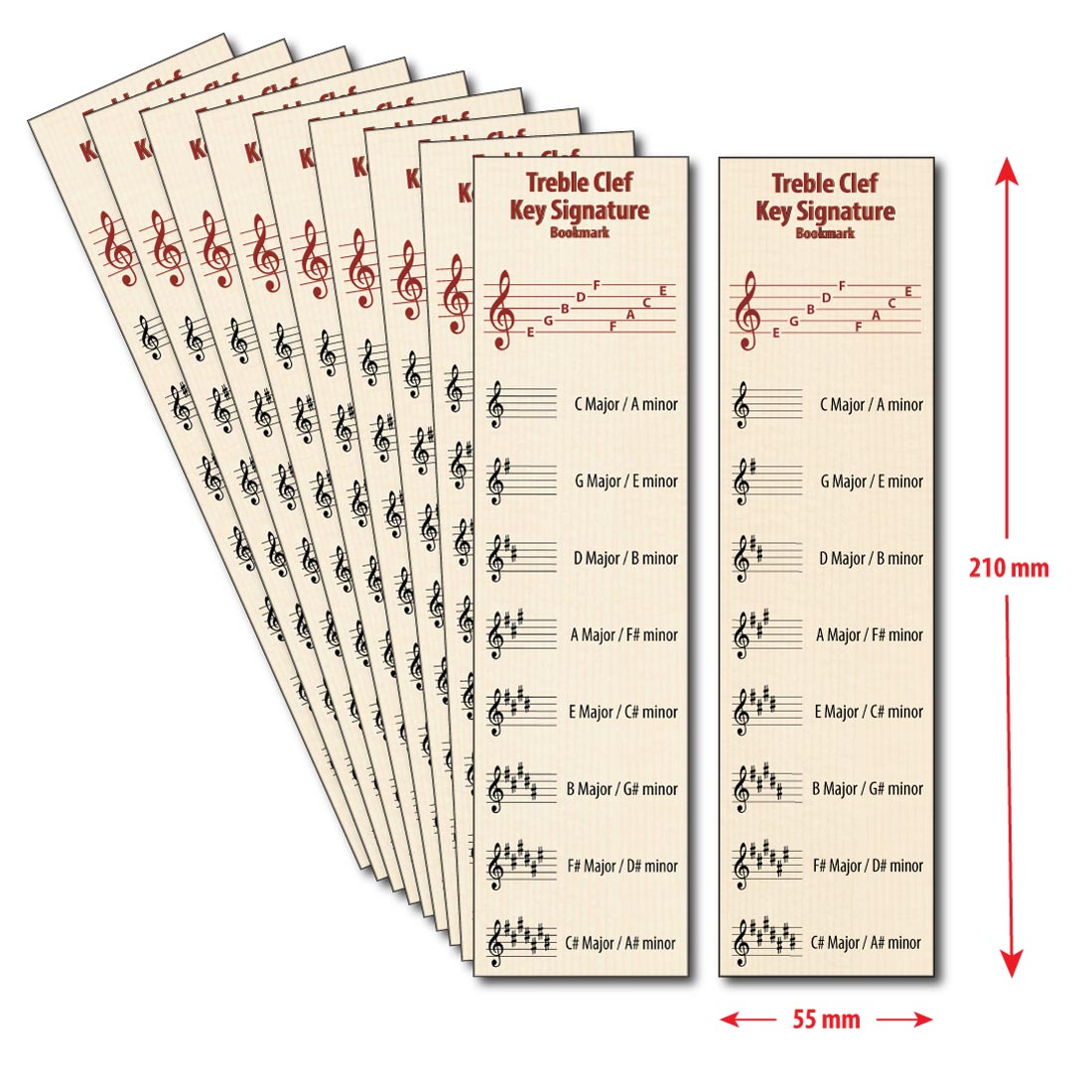 Front of the Hamcor bookmark with the dimension given, 210 mm indicating height, and 55 mm indicating width, and the remaining 9 bookmarks fanned out on the left