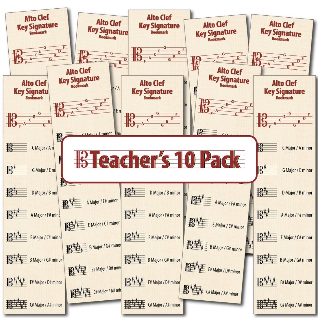 Front of the Hamcor Bookmark showing the names of the lines and spaces, plus all the sharp key signatures with both Major and relative minor names, plus another 9 bookmarks fanned out on the left