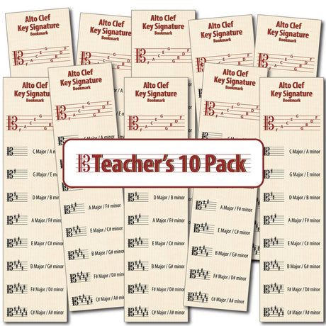 Front of the Hamcor Bookmark showing the names of the lines and spaces, plus all the sharp key signatures with both Major and relative minor names, plus another 9 bookmarks fanned out on the left