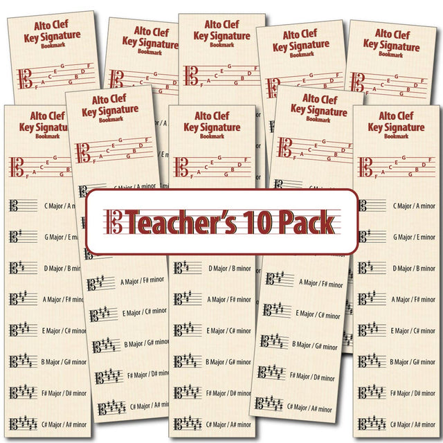 Front of the Hamcor Bookmark showing the names of the lines and spaces, plus all the sharp key signatures with both Major and relative minor names, plus another 9 bookmarks fanned out on the left