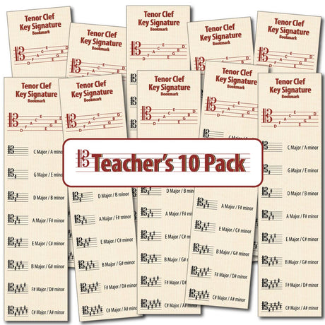 Front of the Hamcor Bookmark showing the names of the lines and spaces, plus all the sharp key signatures with both Major and relative minor names, plus another 9 bookmarks fanned out on the left