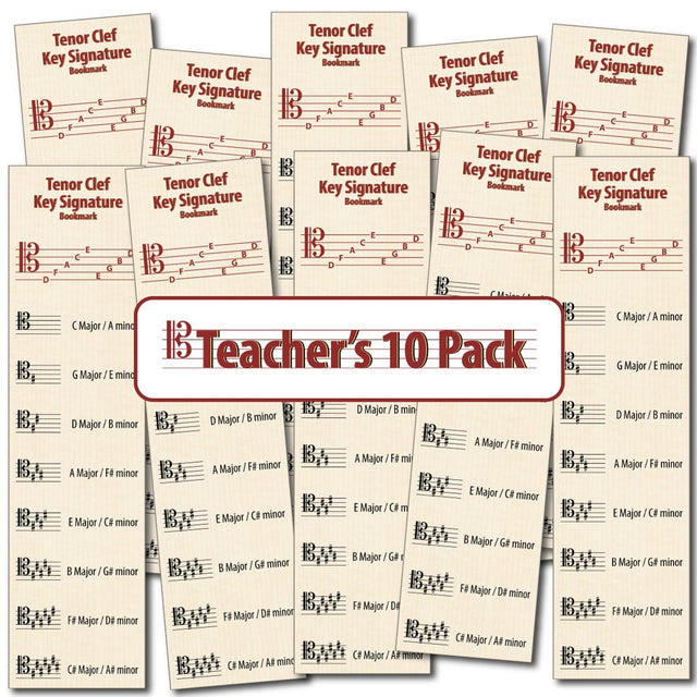 Front of the Hamcor Bookmark showing the names of the lines and spaces, plus all the sharp key signatures with both Major and relative minor names, plus another 9 bookmarks fanned out on the left