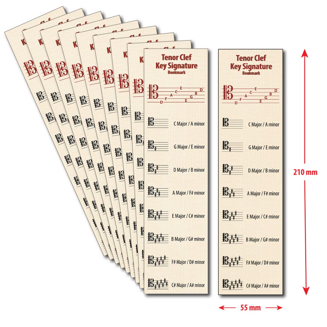 Front of the Hamcor bookmark with the dimension given, 210 mm indicating height, and 55 mm indicating width, and the remaining 9 bookmarks fanned out on the left