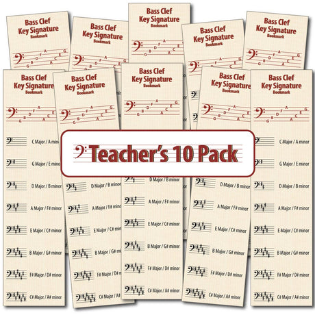 Front of the Hamcor Bookmark showing the names of the lines and spaces, plus all the sharp key signatures with both Major and relative minor names, plus another 9 bookmarks fanned out on the left
