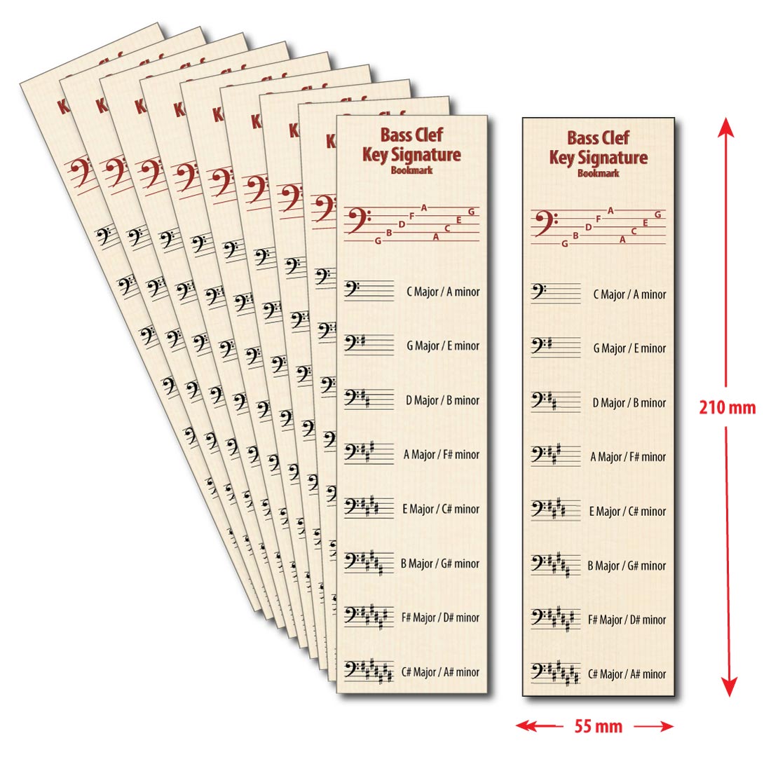 Front of the Hamcor bookmark with the dimension given, 210 mm indicating height, and 55 mm indicating width, and the remaining 9 bookmarks fanned out on the left