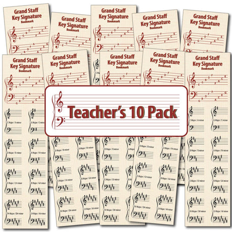 Front of the Hamcor Bookmark showing the names of the lines and spaces, plus all the sharp key signatures with both Major and relative minor names, plus another 9 bookmarks fanned out on the left