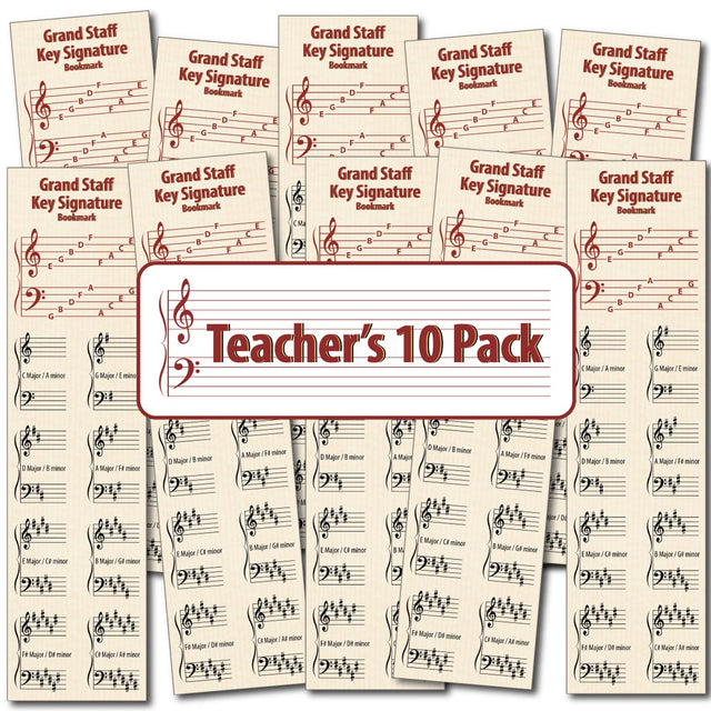 Front of the Hamcor Bookmark showing the names of the lines and spaces, plus all the sharp key signatures with both Major and relative minor names, plus another 9 bookmarks fanned out on the left