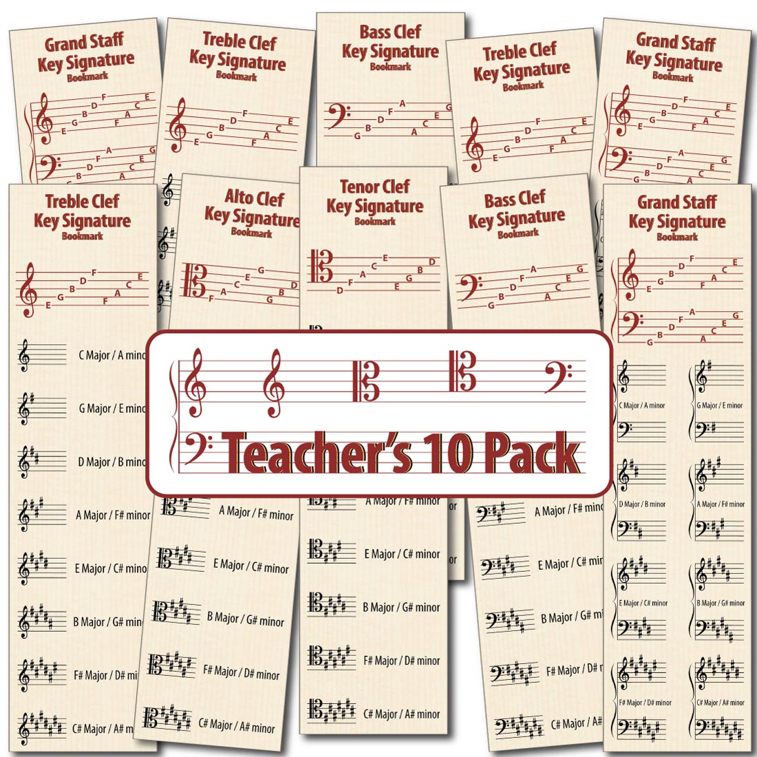 Front of the Hamcor Bookmark showing the names of the lines and spaces, plus all the sharp key signatures with both Major and relative minor names, plus 9 various bookmarks fanned out on the left