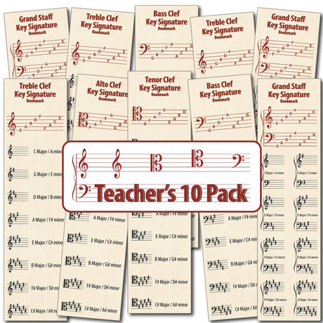 Front of the Hamcor Bookmark showing the names of the lines and spaces, plus all the sharp key signatures with both Major and relative minor names, plus 9 various bookmarks fanned out on the left