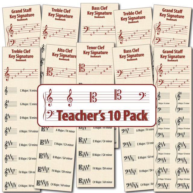 Front of the Hamcor Bookmark showing the names of the lines and spaces, plus all the sharp key signatures with both Major and relative minor names, plus 9 various bookmarks fanned out on the left