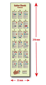 A single Guitar Chords bookmark with the dimensions beside and below it, showing height of 210mm and width of 55mm