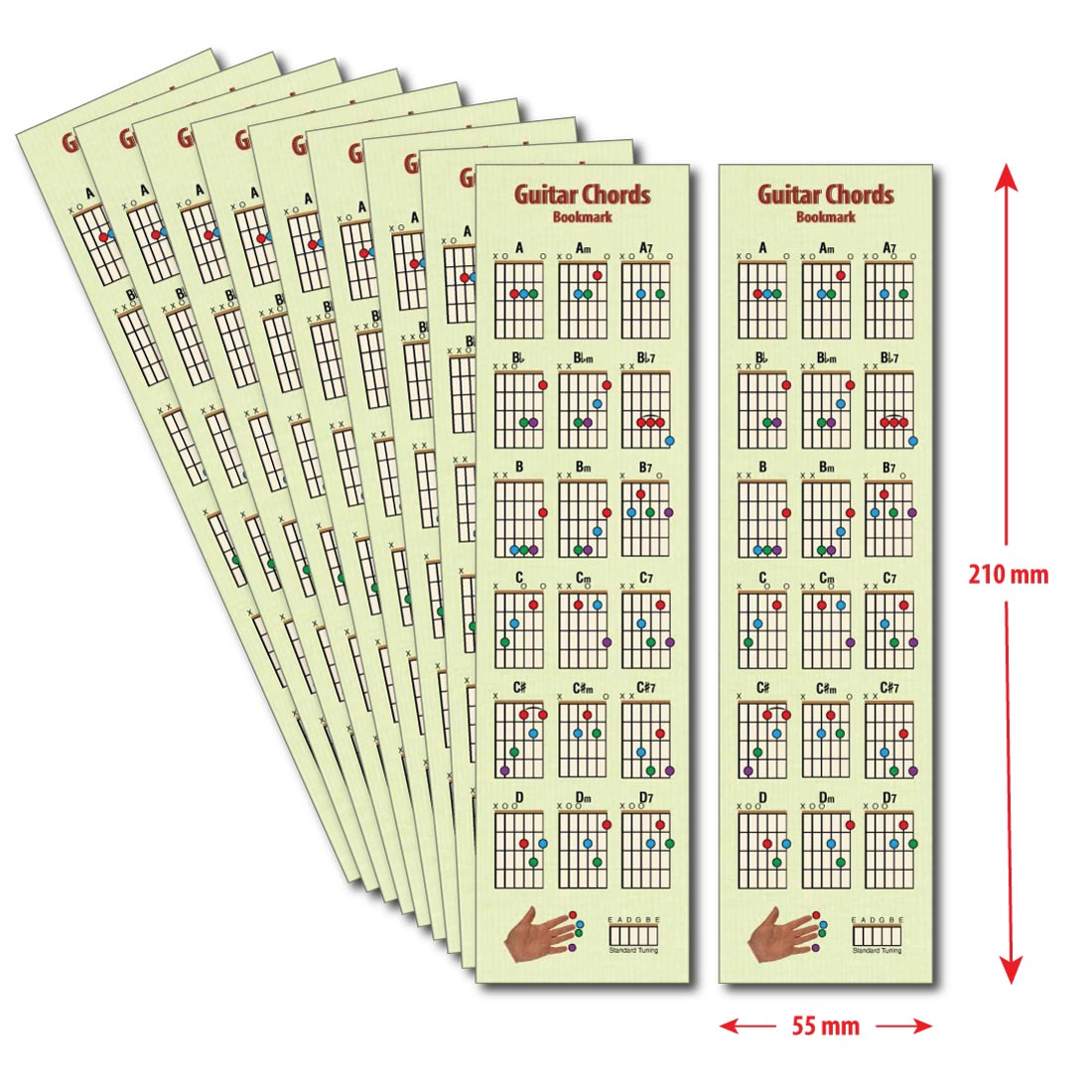 A Guitar Chords bookmark with the dimensions beside and below it, showing height of 210mm and width of 55mm, and a further 9 bookmarks fanned out on the left