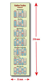 A single Guitar Scales bookmark with the dimensions beside and below it, showing height of 210mm and width of 55mm