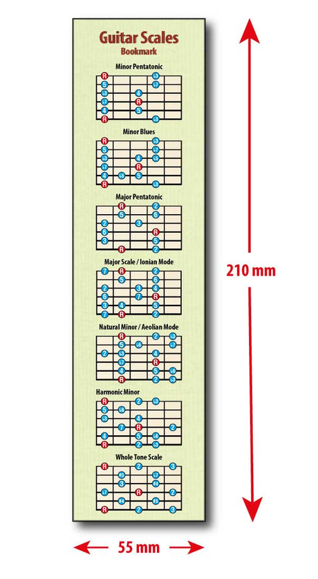 A single Guitar Scales bookmark with the dimensions beside and below it, showing height of 210mm and width of 55mm