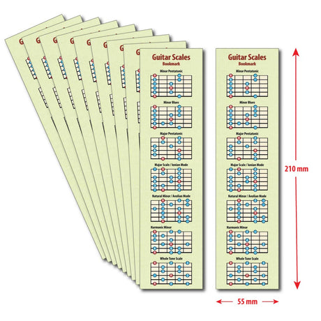 A Guitar Scales bookmark with the dimensions beside and below it, showing height of 210mm and width of 55mm, and a further 9 bookmarks fanned out on the left