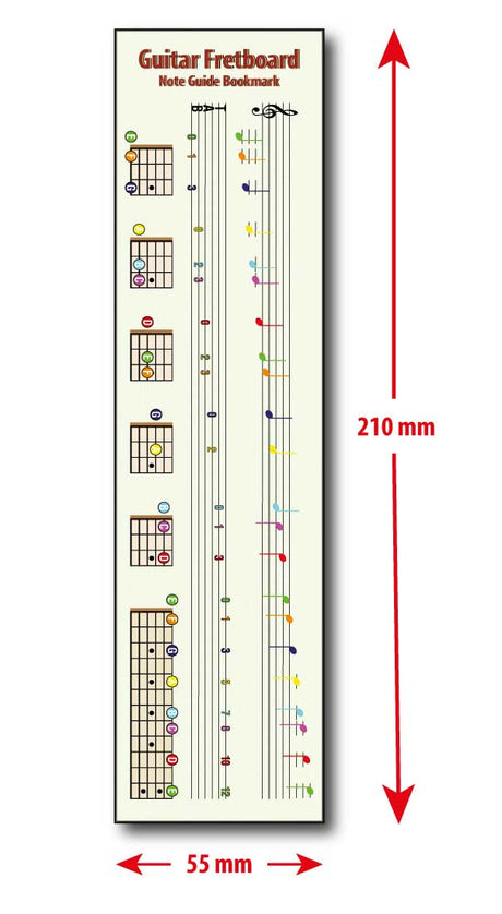 A single Guitar Fretboard Note Guide bookmark with the dimensions beside and below it, showing height of 210mm and width of 55mm