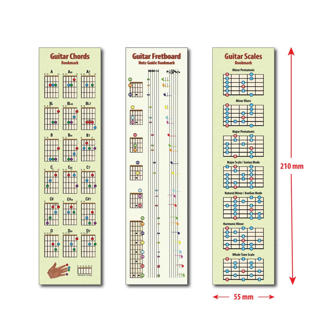 A Guitar Scales bookmark with the dimensions beside and below it, showing height of 210mm and width of 55mm, with the other two bookmars on the left of it