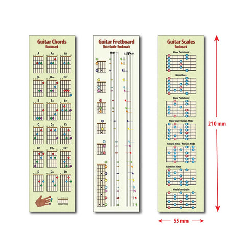 A Guitar Scales bookmark with the dimensions beside and below it, showing height of 210mm and width of 55mm, with the other two bookmars on the left of it