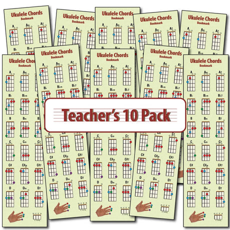 Hamcor Ukulele Chords Bookmark Teacher’s 10 Pack with ten laminated chord reference bookmarks arranged in a fan display