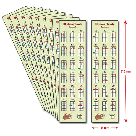 Hamcor Ukulele Chords Bookmark Teacher’s 10 Pack with ten laminated bookmarks and 210 × 55 mm size guide