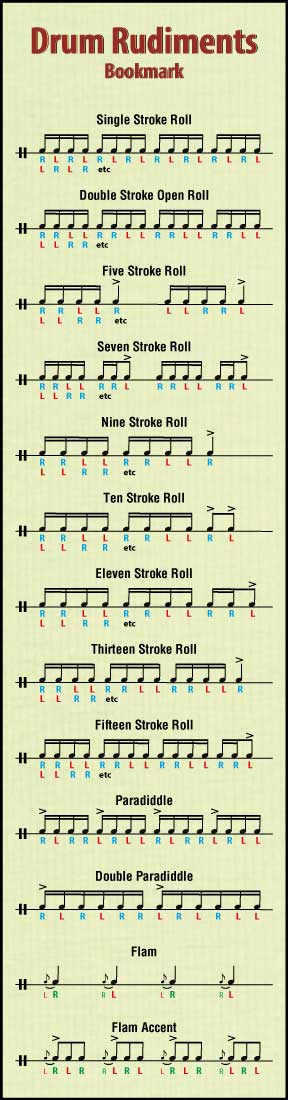 Hamcor Drum Rudiments laminated bookmark featuring drum notation with left and right hand sticking patterns