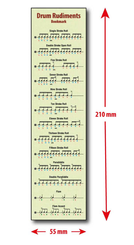 Hamcor Drum Rudiments laminated bookmark showing 210 × 55 mm dimensions and drum sticking patterns