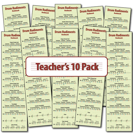 Hamcor Drum Rudiments Bookmark Teacher’s 10 Pack with ten laminated drum reference bookmarks arranged in a fan display