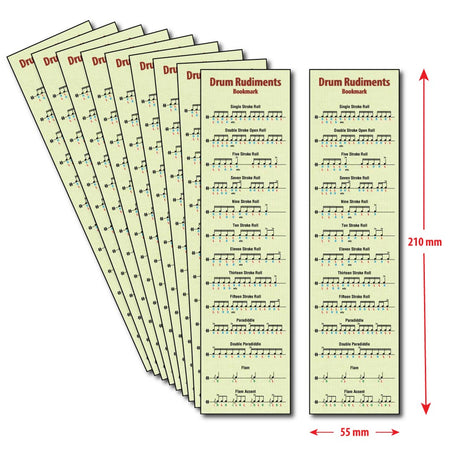 Hamcor Drum Rudiments Bookmark Teacher’s 10 Pack with ten laminated bookmarks and 210 × 55 mm size guide