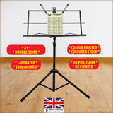 Hamcor Baritone Ukulele Chord Chart Standard A5 displayed on a music stand, laminated and printed on 350gsm card