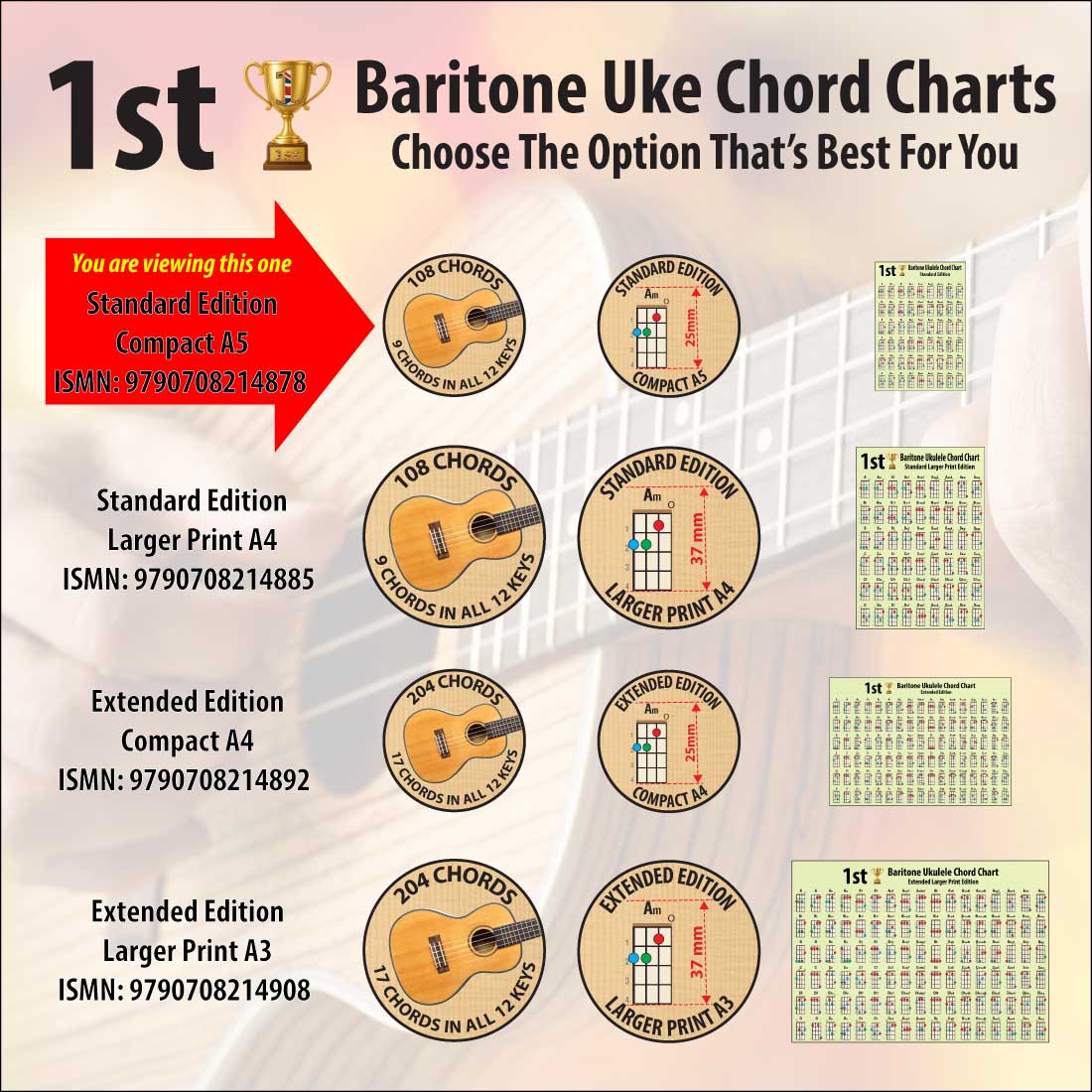 Hamcor 1st Baritone Ukulele Chord Chart range showing Standard and Extended editions in A5, A4 and A3 sizes