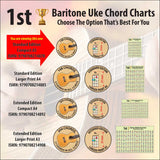 Hamcor 1st Baritone Ukulele Chord Chart range showing Standard and Extended editions in A5, A4 and A3 sizes