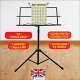 Hamcor Baritone Ukulele Chord Chart Standard Larger Print A4 displayed on a music stand, laminated and printed on 350gsm card