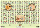 Reverse of Hamcor Baritone Ukulele Chord Chart Extended A4 showing 204 chords, colour-coded fingering and DGBE tuning