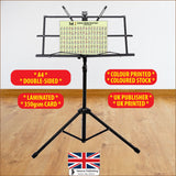 Hamcor Baritone Ukulele Chord Chart Extended A4 displayed on a music stand, double-sided, laminated and printed on 350gsm card
