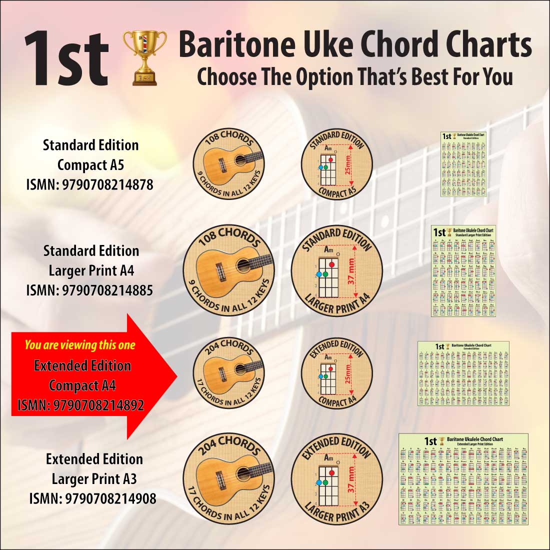 Hamcor 1st Baritone Ukulele Chord Chart range showing Standard and Extended editions in A5, A4 and A3 sizes