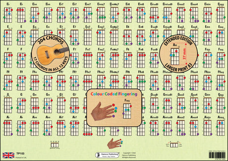 Reverse of Hamcor Baritone Ukulele Chord Chart Extended Larger Print A3 showing 204 chords, colour-coded fingering and DGBE tuning