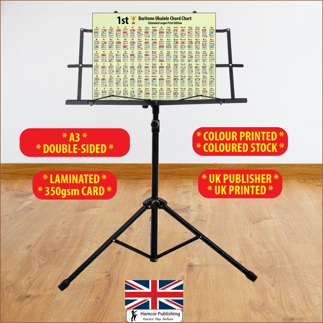 Hamcor Baritone Ukulele Chord Chart Extended Larger Print A3 displayed on a music stand, double-sided, laminated and printed on 350gsm card