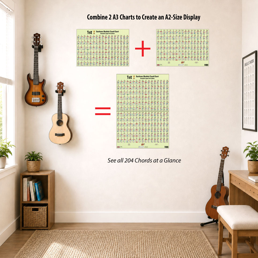 Two A3 Baritone Ukulele Chord Charts displayed side by side to create an A2-size display showing all 204 chords at a glance