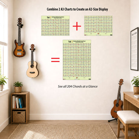 Two A3 Baritone Ukulele Chord Charts displayed side by side to create an A2-size display showing all 204 chords at a glance